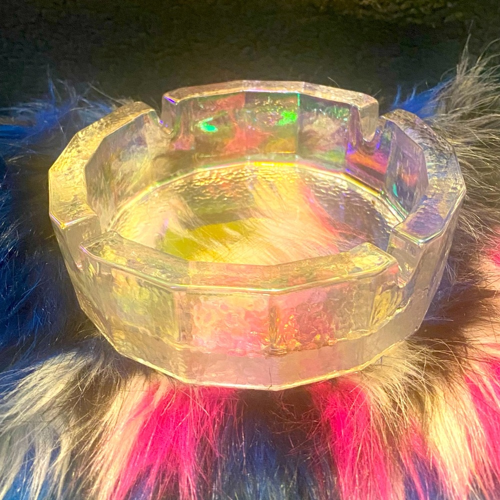 Vintage Iridescent Rainbow Carnival Glass Collectible Ashtray.
